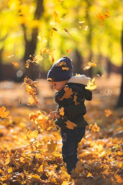 Sonbahar yapraklarında oynayan çocuk