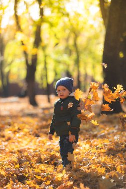 Sonbahar yapraklarında oynayan çocuk