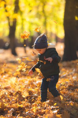 Sonbahar yapraklarında oynayan çocuk
