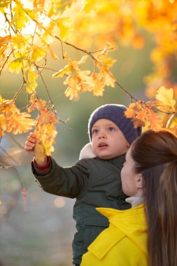 Sonbaharda annesiyle birlikte yaprakların arasında.