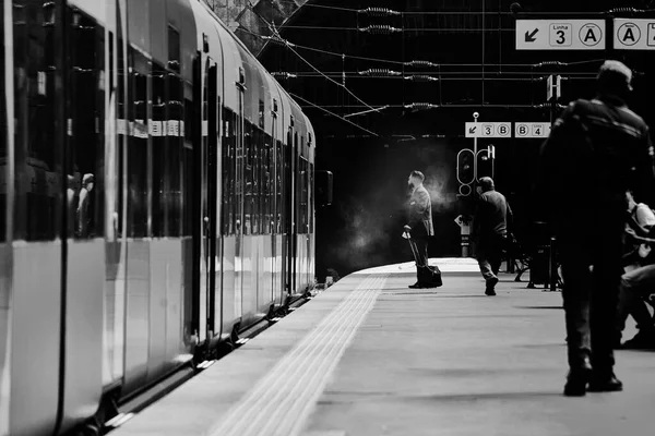 Tanımlanamayan insanlarla dolu bir tren istasyonunun siyah beyaz fotoğrafı. — Stok fotoğraf