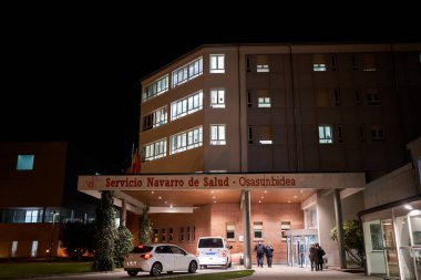 PAMPLONA, NAVARRA SPAIN JANUARY 12 2022: Navarre hospital seen at night, entrance of the hospital