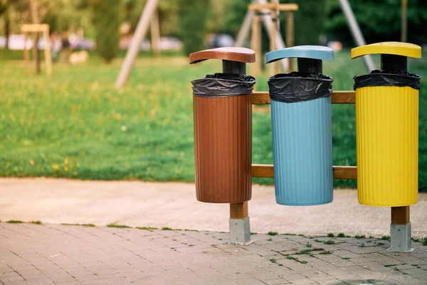 Drei Behälter Verschiedenen Farben Das Recycling Von Müll Fördern Hochwertiges — Stockfoto