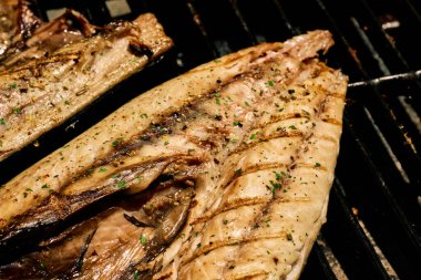 Verdel mangalı ya da ızgarada baharatlı uskumru balığı. Yüksek kalite fotoğraf
