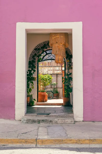 Uma Bela Porta Oaxaca México Com Parede Rosa Fotografia Rua — Fotografia de Stock