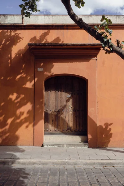Facade of a house in Mexico with wooden door and orange wall, vertical