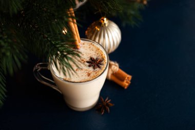 Ev yapımı geleneksel Noel içkisi, baharat ve tarçınlı eggnog. Kış tatili