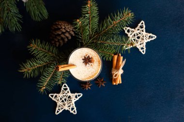 Ev yapımı geleneksel Noel içkisi, baharat ve tarçınlı eggnog. Kış tatili