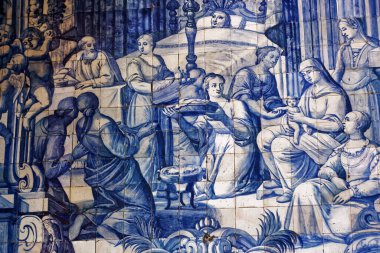 PENICHE, PORTUGAL, HAZİRAN, 19, 2017: 17. yüzyılda Oliveira Bernardes 'in Remedios şapelinin iç ve seramik azulejos detayları