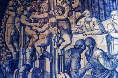 PENICHE, PORTUGAL, HAZİRAN, 19, 2017: 17. yüzyılda Oliveira Bernardes 'in Remedios şapelinin iç ve seramik azulejos detayları