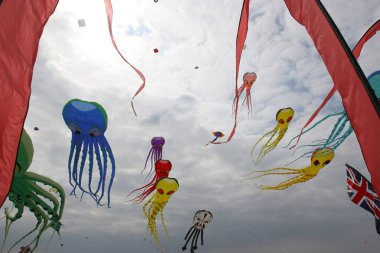 Berck sahilindeki bulutlu gökyüzünde uçurtmalar, Kanal Deniz Kıyısı, Fransa
