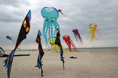 Berck sahilindeki bulutlu gökyüzünde uçurtmalar, Kanal Deniz Kıyısı, Fransa