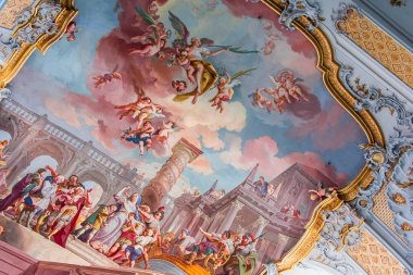 OTTOBEUREN, BAVARIA, GERMANY, HAZİRAN 04, 2022: Johann Jakob Zeiller (1708-1783) Ottobeuren Manastırı Bazilikası 'nda tavan freskleri