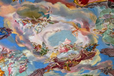 WIBLINGEN, BAVARIA, GERMANY, HAZİRAN 08, 2022: 18. yüzyıl mimarları Christian ve Johann Wiedemann tarafından Wiblingen Manastırı yakınlarındaki kütüphanenin rokoko ve barok süslemeleri