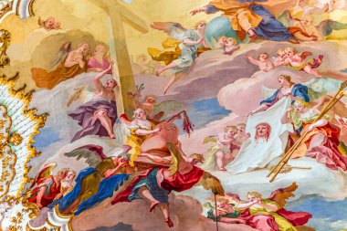 STEINGADEN, BAVARIA, GERMANY, HAZİRAN 02, 2022: Wieskirche kilisesinin tavan freskleri, J. kardeşler tarafından 1740 'ların sonlarında tasarlandı. B. ve Dominikus Zimmermann.
