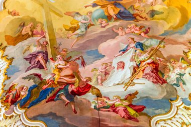 STEINGADEN, BAVARIA, GERMANY, HAZİRAN 02, 2022: Wieskirche kilisesinin tavan freskleri, J. kardeşler tarafından 1740 'ların sonlarında tasarlandı. B. ve Dominikus Zimmermann.