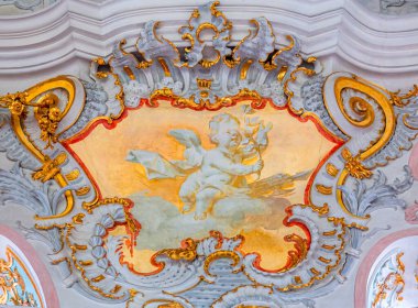 STEINGADEN, BAVARIA, GERMANY, HAZİRAN 02, 2022: Wieskirche kilisesinin stuccowork heykelleri ve dekorları, 1740 'ların sonlarında J. B. ve Dominikus Zimmermann.