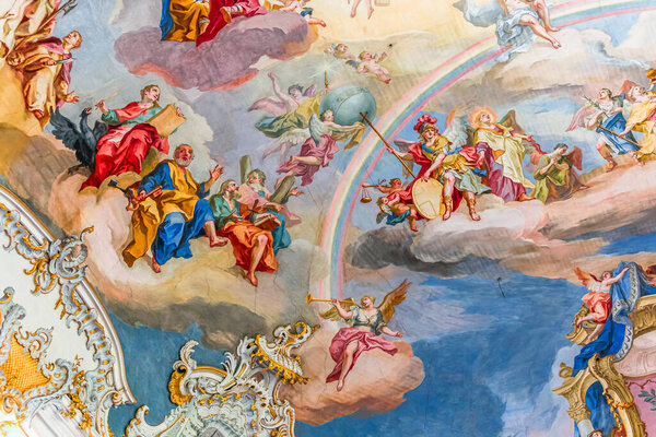 STEINGADEN, BAVARIA, GERMANY, JUNE 02, 2022 : ceilings frescoes decors of  church of Wieskirche, designed in the late 1740s by brothers J. B. and Dominikus Zimmermann