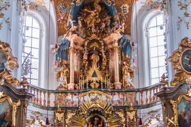 ANDECHS, BAVARIA, GERMANY, JUNE 03, 2022 : interiors, frescoes and architectural decors of  Andechs abbey church, by scultptor Johann Baptist Straub, and painter Johann Baptist Zimmermann for frescoes and stuccoworks, 18th century