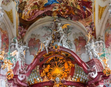 BIRNAU, BAVARIA, GERMANY, JUNE 07, 2022: Birnau bazilikasında Rococo ve barok dekorları, Gottfried Bernhard Gotz ve Joseph Anton Feuchtmayer, 18. yüzyıl