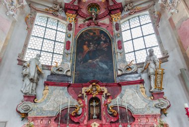 BIRNAU, BAVARIA, GERMANY, JUNE 07, 2022 : Rococo and baroque decors in Birnau basilica, on Konstanz lake, by Gottfried Bernhard Gotz and Joseph Anton Feuchtmayer , 18th century