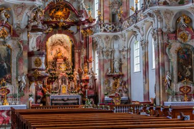 BIRNAU, BAVARIA, GERMANY, JUNE 07, 2022: Birnau bazilikasında Rococo ve barok dekorları, Gottfried Bernhard Gotz ve Joseph Anton Feuchtmayer, 18. yüzyıl