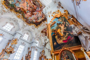 DIESSEN, BAVARIA, GERMANY, JUNE 03, 2022 : Rococo and baroque decors in Diessen Marienmunster church, on Ammersee lake, by various anonymous artists , 18th century