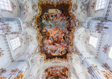 DIESSEN, BAVARIA, GERMANY, JUNE 03, 2022 : Rococo and baroque decors in Diessen Marienmunster church, on Ammersee lake, by various anonymous artists , 18th century