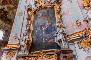 ETTAL, BAVARIA, GERMANY, MAY 31, 2022 : Rococo and baroque decors in Ettal abbey, decoration by stuccoist Josef Schmutzer  and Johann Baptist Straub, 18 th century
