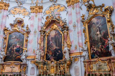 ETTAL, BAVARIA, GERMANY, MAY 31, 2022 : Rococo and baroque decors in Ettal abbey, decoration by stuccoist Josef Schmutzer  and Johann Baptist Straub, 18 th century