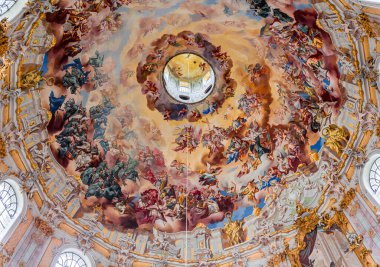 ETTAL, BAVARIA, GERMANY, MAY 31, 2022 : Rococo and baroque decors in Ettal abbey, decoration by stuccoist Josef Schmutzer  and Johann Baptist Straub, 18 th century