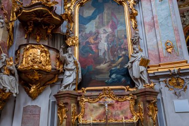 ETTAL, BAVARIA, GERMANY, MAY 31, 2022 : Rococo and baroque decors in Ettal abbey, decoration by stuccoist Josef Schmutzer  and Johann Baptist Straub, 18 th century