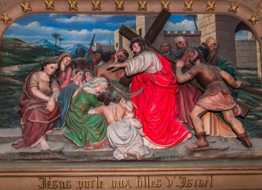 CHATEAUNEUF SUR CHER, FRANCE, APRIL 09, 2022 : station of the cross of Jesus Christ inf  Our Lady of the Children basilica
