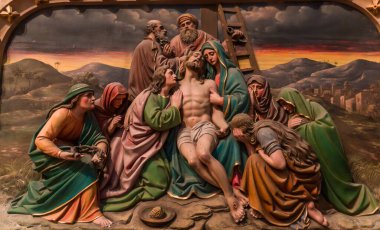 CHATEAUNEUF SUR CHER, FRANCE, APRIL 09, 2022 : station of the cross of Jesus Christ inf  Our Lady of the Children basilica