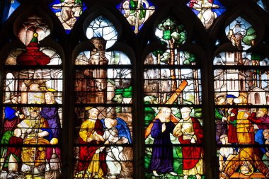 LES ANDELYS, FRANCE, APRIL 23, 2022 : stained glasses windows of  Our Lady collegiate church, by anonymous artists, 16th century