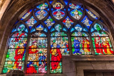 LES ANDELYS, FRANCE, APRIL 23, 2022 : stained glasses windows of  Our Lady collegiate church, by anonymous artists, 16th century