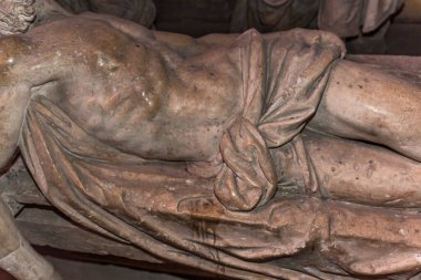 LES ANDELYS, FRANCE, APRIL 23, 2022 : group statues of entombment of jesus christ of  Our Lady collegiate church, anonymous artists, 16th century