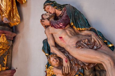 OBERAMMERGAU, BAVARIA, GERMANY, JUNE 01, 2022 : Rococo and baroque decors in Catholic Church of Oberammergau, by various anonymous artists , 18th century