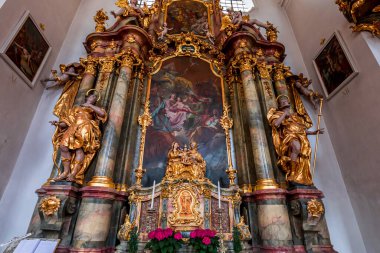 OBERAMMERGAU, BAVARIA, GERMANY, JUNE 01, 2022 : Rococo and baroque decors in Catholic Church of Oberammergau, by various anonymous artists , 18th century