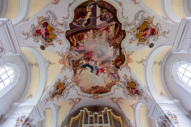 SCHONGAU, BAVARIA, GERMANY, JUNE 01, 2022 : interiors, frescoes and architectural decors of  Schongau church by various anonymous artists, 18th century