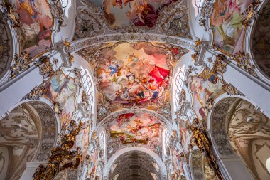STEINGADEN, BAVARIA, GERMANY, MAY 30, 2022 : interiors, frescoes and architectural decors of  St John the baptist church, sstucco by Franz Xaver Schmuzer (1740-1742), frescoes by Johann Georg Bergmller (1741-1742)