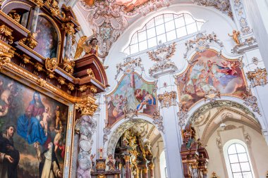 STEINGADEN, BAVARIA, GERMANY, MAY 30, 2022 : interiors, frescoes and architectural decors of  St John the baptist church, sstucco by Franz Xaver Schmuzer (1740-1742), frescoes by Johann Georg Bergmller (1741-1742)
