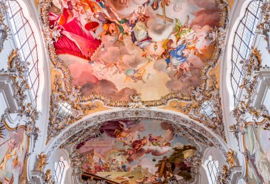 STEINGADEN, BAVARIA, GERMANY, MAY 30, 2022 : interiors, frescoes and architectural decors of  St John the baptist church, sstucco by Franz Xaver Schmuzer (1740-1742), frescoes by Johann Georg Bergmller (1741-1742)