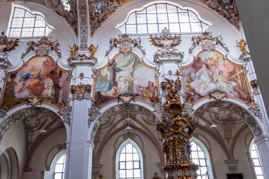STEINGADEN, BAVARIA, GERMANY, MAY 30, 2022 : interiors, frescoes and architectural decors of  St John the baptist church, sstucco by Franz Xaver Schmuzer (1740-1742), frescoes by Johann Georg Bergmller (1741-1742)