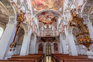 STEINGADEN, BAVARIA, GERMANY, MAY 30, 2022 : interiors, frescoes and architectural decors of  St John the baptist church, sstucco by Franz Xaver Schmuzer (1740-1742), frescoes by Johann Georg Bergmller (1741-1742)