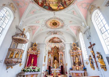 WILDSTEIG, BAVARIA, GERMANY, JUNE 02, 2022 : baroque and rococo frescoes and architectural decors of Wildsteig church