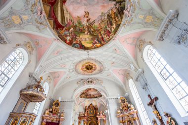 WILDSTEIG, BAVARIA, GERMANY, JUNE 02, 2022 : baroque and rococo frescoes and architectural decors of Wildsteig church
