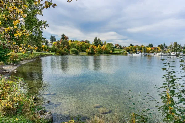 ワシントン州シアトルにあるレイクワシントンマリーナとカラフルな秋の木 — ストック写真