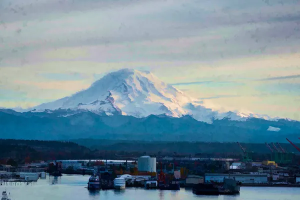 Washington Daki Tacoma Limanı Üzerinde Rainier Dağı Nın Bir Çizimi — Stok fotoğraf