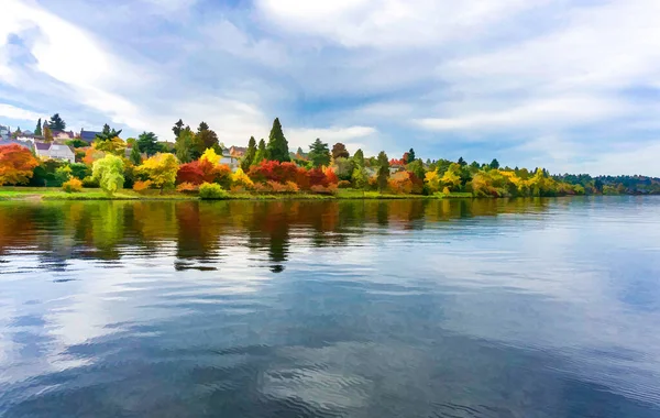 Homes Line Shore Lake Washington Seattle Autumn — Stock fotografie